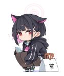  1girl animal_ears black_hair black_hoodie blue_archive cat_ears chibi colored_inner_hair expressionless extra_ears highres hood hoodie kazusa_(blue_archive) looking_at_viewer mota multicolored_hair pantyhose pink_hair red_eyes short_hair simple_background skirt solo two-tone_hair white_background 