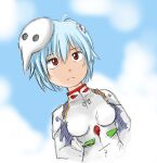  1girl absurdres ayanami_rei blue_hair bodysuit clouds cloudy_sky commentary dutch_angle hair_ornament highres interface_headset looking_afar marumo_516 mask neon_genesis_evangelion pilot_suit plugsuit red_eyes sachiel_(evangelion) short_hair sky solo white_bodysuit 