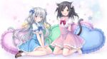  2girls :d animal_ear_fluff animal_ears barefoot black_hair blue_bow blue_sailor_collar blue_sky blush bow brown_eyes brown_footwear cat_ears cat_girl cat_tail closed_mouth commentary_request copyright_request frilled_pillow frilled_sailor_collar frilled_skirt frilled_socks frills grey_hair hair_between_eyes hair_bow hair_ornament hairclip heart heart-shaped_pillow high-waist_skirt highres korie_riko loafers long_hair multiple_girls pillow pink_sailor_collar pink_skirt pleated_skirt puffy_short_sleeves puffy_sleeves purple_bow sailor_collar shoes short_sleeves skirt sky smile socks star_(symbol) swept_bangs tail thigh_strap two_side_up very_long_hair violet_eyes white_socks 