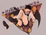  1boy bat_wings black_bow black_bowtie black_eyes black_hair blunt_bangs bow bowl_cut bowtie candy demon_tail food halloween halloween_costume happy_halloween high_heels highres holding holding_candy holding_food kageyama_shigeo looking_at_viewer maa_ohg mob_psycho_100 pants shirt shoes short_hair socks solo tail white_shirt white_socks wings 