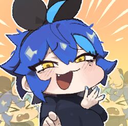  &gt;_&lt; 1girl :3 black_ribbon blue_hair bonk chibi dif_(difman) difman english_commentary hair_ribbon lowres mole mole_under_eye orange_background original ribbon short_hair smug yellow_eyes 