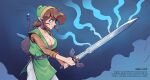  1girl blue_eyes brellom brown_hair earrings genderswap genderswap_(mtf) green_tunic highres holding holding_sword holding_weapon jewelry link master_sword pointy_ears sword the_legend_of_zelda weapon 