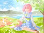  1girl annnnq blue_dress bow bowtie breasts commission dress elf elysia_(honkai_impact) grass green_bow green_bowtie highres honkai_(series) honkai_impact_3rd house lake long_dress long_hair long_sleeves looking_at_viewer mountainous_horizon on_grass open_mouth pink_hair pink_pupils pointy_ears scenery smile solo teeth tree upper_teeth_only very_long_hair white_headdress 