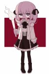  1girl absurdres ada_(iyowa) adipocere_(vocaloid) black_bow black_footwear black_pantyhose black_ribbon black_skirt boots border bow closed_mouth collared_shirt expressionless fire frilled_skirt frills full_body fur-trimmed_jacket fur_trim grey_eyes grey_hair hair_bow highres holding holding_torch iyowa_girls jacket jitome looking_at_viewer open_clothes open_jacket pantyhose red_background ribbon shirt sidelocks simple_background skirt solo standing torch twintails vocaloid white_border white_jacket white_shirt xiaoxigezitang 