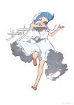  1girl absurdres alternate_costume bare_arms bare_legs bare_shoulders barefoot blue_hair character_name chinese_commentary commentary_request dancing dress frilled_dress frills full_body highres knees long_dress mahou_shoujo_madoka_magica mahou_shoujo_madoka_magica_(anime) miki_sayaka open_mouth ouge_dz ribbon short_hair simple_background sleeveless sleeveless_dress solo sundress toes weibo_watermark white_background white_dress white_ribbon 