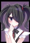  1girl absurdres ame-chan_(needy_girl_overdose) black_border black_hair black_ribbon blush border closed_mouth collared_shirt commentary_request hair_ornament hair_over_one_eye hands_up highres long_hair looking_at_viewer neck_ribbon needy_girl_overdose own_hands_together purple_background red_shirt ribbon shirt smile solo suspenders suzume_(s_z_m0306) twintails upper_body violet_eyes x_hair_ornament 
