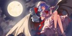  3girls apron ascot bat_wings blue_dress blue_hair bobby_socks closed_eyes closed_mouth clouds commentary_request crossed_legs dress flandre_scarlet full_body full_moon grey_hair grey_socks hand_up hat highres izayoi_sakuya lab2linch long_hair looking_at_viewer maid maid_headdress mary_janes medium_hair mob_cap moon multiple_girls night own_hands_together puffy_short_sleeves puffy_sleeves red_ascot red_eyes remilia_scarlet shoes short_sleeves skirt socks touhou waist_apron white_apron white_skirt wings wrist_cuffs 