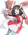  1girl absurdres black_eyes black_hair boots dress ernate_costume gloves gonzarez hair_ornament highres mega_scizor mo open_mouth pantyhose pokemon pokemon_sm scizor selene_(pokemon) selene_(special_costume)_(pokemon) 