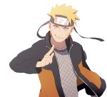  1boy blonde_hair closed_mouth commentary english_commentary forehead_protector headband hood hoodie jacket long_sleeves looking_at_viewer male_focus naruto naruto_(series) naruto_shippuuden ninja open_clothes open_jacket short_hair simple_background smile solo spiky_hair subuta_(butabutasubuta) upper_body uzumaki_naruto white_background 