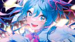  1girl 43_pon :d absurdres audience blue_eyes blue_hair blurry blurry_background confetti gloves glowstick hair_between_eyes hair_ribbon hands_up hatsune_miku highres idol long_hair looking_at_viewer neck_ribbon open_mouth pink_ribbon ribbon smile solo tears twintails upper_body vocaloid white_gloves 