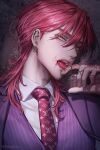  1boy artist_name blood close-up ear_piercing green_eyes highres hongtami jewelry korean_commentary licking licking_own_finger looking_to_the_side necktie open_mouth piercing pink_hair portrait purple_suit red_necktie ring sanzu_haruchiyo shirt solo suit tokyo_revengers tongue tongue_out white_shirt wolf_cut 