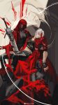  1boy absurdres black_gloves blood blood_on_face coat dante_(devil_may_cry) devil_may_cry_(series) devil_may_cry_5 eva_(devil_may_cry) fingerless_gloves gloves highres holding male_focus mother_and_son rebellion_(sword) red_coat sin_node trish_(devil_may_cry) white_hair 