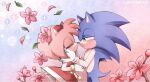  1boy 1girl amy_rose animal_ears artist_name blue_fur closed_eyes dress flower from_side furry furry_female furry_male gloves green_eyes hairband hetero pink_flower pink_fur red_dress red_hairband scruffyart sleeveless sleeveless_dress sonic_(series) sonic_the_hedgehog tail white_gloves 