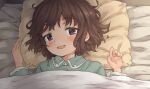  1girl blush broiler brown_eyes brown_hair highres looking_at_viewer lying on_back on_bed open_mouth original pajamas pillow short_hair smile solo under_covers upper_body wavy_hair 
