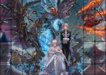  3girls absurdres arias_the_labrynth_butler battle blue_fire building crossed_legs cup destruction dragon duel_monster fire heart-shaped_window highres holding holding_cup holding_saucer horns lovely_labrynth_of_the_silver_castle megatron_(pixiv16907671) monocle multiple_girls promethean_princess_bestower_of_flames saucer sitting snake-eyes_flamberge_dragon tail teacup white_hair yu-gi-oh! 