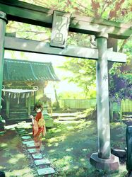  1girl :d black_hair day flower grass hair_flower hair_ornament highres japanese_clothes kimono long_sleeves na_(sodium) no_eyes original red_kimono sash scenery short_hair shrine smile solo tabi torii tree wide_sleeves 