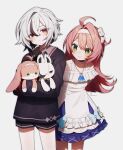  arlecchino_(genshin_impact) artist_name clervie_(genshin_impact) coojisan dress genshin_impact highres jewelry necklace pink_hair shorts stuffed_toy symbol-shaped_pupils white_background white_hair x-shaped_pupils 