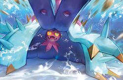  blue_eyes claws colored_sclera fukuda_masakazu looking_at_viewer no_humans official_art open_mouth pokemon pokemon_(creature) pokemon_tcg sharp_teeth solo teeth toxapex underwater water yellow_sclera 