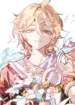  1boy absurdres aether_(genshin_impact) ahoge blonde_hair braid cocoballking flower genshin_impact gloves hair_between_eyes highres long_hair long_sleeves looking_at_viewer male_focus open_mouth simple_background smile white_background yellow_eyes 