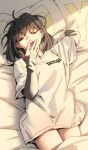  1girl artist_logo artist_name bed_sheet black_hair closed_eyes cowboy_shot ergot fingernails fubuki_(kancolle) green_nails hand_up kantai_collection layered_sleeves long_sleeves lying nail_polish on_back open_mouth pillow shirt short_hair short_over_long_sleeves short_ponytail short_sleeves solo teeth upper_teeth_only white_shirt 