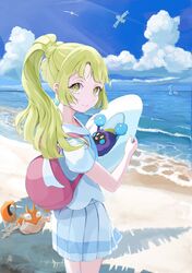  1girl absurdres backpack bag blonde_hair closed_mouth clouds commentary_request cosmog day eyelashes hat highres holding holding_clothes holding_hat in_hat krabby lapras lillie_(pokemon) long_hair maou_(pixiv55083682) outdoors pink_bag pleated_skirt pokemon pokemon_(creature) pokemon_sm ponytail sand shirt shore short_sleeves skirt sky standing water white_shirt white_skirt wingull yellow_eyes 