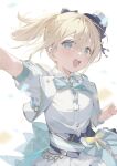  1girl :d aqua_bow aqua_eyes arm_up back_bow blonde_hair blue_bow blurry blush bow breasts commentary_request confetti cropped_jacket cummerbund depth_of_field dress_shirt eyes_visible_through_hair gold_trim hair_between_eyes hair_bow hana_mori hand_out_of_frame hat high_ponytail highres hololive hololive_idol_uniform_(bright) jacket kazama_iroha looking_at_viewer medium_breasts mini_hat mini_top_hat neck_ribbon official_alternate_costume open_clothes open_jacket open_mouth pleated_skirt ponytail puffy_short_sleeves puffy_sleeves ribbon shirt short_sleeves simple_background skirt smile solo star_(symbol) teeth thick_eyelashes top_hat upper_body upper_teeth_only white_background white_hat white_jacket white_shirt white_skirt white_wrist_cuffs wrist_cuffs yellow_bow 