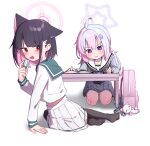  2girls animal_ears bag black_hair black_pantyhose blue_archive blue_hair blush book cat_ears closed_mouth colored_inner_hair food grey_skirt hair_ornament hairclip halo highres holding holding_food holding_pen kazusa_(blue_archive) long_hair long_sleeves macaron multicolored_hair multiple_girls no_shoes open_book open_mouth pantyhose pen pink_hair purple_halo red_eyes reisa_(blue_archive) seiza shirt short_hair simple_background sitting skirt star_(symbol) star_hair_ornament table violet_eyes white_background white_shirt white_skirt whonyang writing 