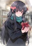  1girl black_hair brown_eyes coat commentary_request gift green_scarf highres holding holding_gift long_hair nakahira_guy open_mouth original partial_commentary scarf solo tokyo_succubus valentine winter winter_clothes winter_coat yuna_(nakahiro_guy) 