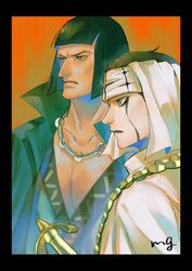  2boys arabian_clothes black_hair black_lips bowl_cut chaka_(one_piece) dark-skinned_male dark_skin facial_mark head_scarf headband highres jewelry large_pectorals looking_ahead male_focus mg_choco826 multiple_boys necklace one_piece pectoral_cleavage pectorals pell profile robe short_hair upper_body 