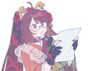  1girl animal_ears brown_hair checkered_clothes checkered_kimono dog_ears fate/grand_order fate_(series) glasses gloves grey_kimono high_ponytail holding holding_paper japanese_clothes kimono kyokutei_bakin_(fate) kyokutei_bakin_(second_ascension)_(fate) lace multicolored_clothes multicolored_kimono nail_polish oneroom-disco paper partially_fingerless_gloves reading red_eyes simple_background solo white_background 