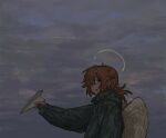  1girl :d arm_at_side black_eyes black_jacket blush clouds cloudy_sky dark evening feathered_wings from_side halo hasu_art highres holding_paper_airplane jacket long_sleeves looking_at_viewer open_mouth orange_hair original outdoors outstretched_arm sky smile solo upper_body white_wings wings 