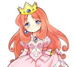  1girl blue_eyes crown dress earrings jewelry kai_himo long_hair looking_at_viewer pink_dress princess_shokora redhead simple_background smile wario_land wario_land_4 white_background 