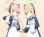  2girls apron black_jacket black_tea blonde_hair blue_archive closed_mouth cup green_eyes green_halo halo highres holding jacket long_sleeves maid maid_apron maid_headdress midori_(blue_archive) midori_(maid)_(blue_archive) momoi_(blue_archive) momoi_(maid)_(blue_archive) multiple_girls official_alternate_costume pink_halo red_eyes short_hair siblings sisters siu_hing5262 smile tea twins white_apron 