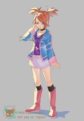  1girl ariekochan blue_eyes blue_jacket boots brown_hair collarbone crescent full_body grey_background jacket medium_hair pink_footwear pokemon pokemon_colosseum purple_shirt rui_(pokemon) shirt shorts solo twintails white_shorts 