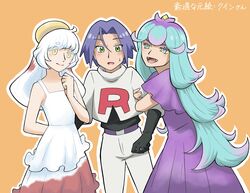  1boy 2girls belt black_footwear black_gloves blue_hair chimecho embarrassed fang gloves green_eyes highres james_(pokemon) mareanie multiple_girls orange_background personification pokemon pokemon_(anime) pokemon_(creature) pupaltia231 purple_belt team_rocket team_rocket_uniform 