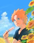  1boy aged_down alternate_costume black_shirt blue_eyes child closed_mouth commentary_request flower food holding holding_food holding_popsicle looking_at_viewer male_focus meitarou naruto_(series) naruto_shippuuden orange_hair outdoors popsicle shirt short_hair short_sleeves smile solo spiky_hair yahiko_(naruto) 