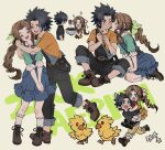  1boy 1girl aerith_gainsborough aged_down aqua_shirt bandaid bandaid_on_arm bandaid_on_cheek bandaid_on_face belt belt_buckle black_hair black_overalls black_shirt blue_dress blue_eyes blush boots bow bowtie braid braided_ponytail brown_footwear brown_hair buckle carrying character_name child chocobo closed_mouth commentary_request couple crisis_core_final_fantasy_vii dress final_fantasy final_fantasy_vii final_fantasy_vii_rebirth final_fantasy_vii_remake flower full_body green_eyes green_ribbon hair_ribbon happy holding hug huosheanng index_finger_raised indian_style kiss kissing_cheek long_hair looking_at_another looking_at_viewer multiple_views one_eye_closed orange_shirt overalls pants pants_rolled_up parted_bangs piggyback pink_ribbon pointing pointing_forward red_bow red_bowtie ribbon running seiza shirt short_hair short_sleeves sidelocks sitting smile socks sparkle spiky_hair standing upper_body white_socks yellow_dress yellow_pants zack_fair 