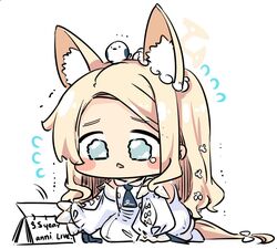  1girl animal_ear_fluff animal_ears bird blonde_hair blue_archive blush_stickers calendar_(object) dated detached_sleeves dress english_text extra_ears flower flying_sweatdrops forehead fox_ears fox_girl fox_tail frilled_dress frills grey_eyes hair_flower hair_ornament halo long_hair long_sleeves parted_bangs sad sailor_collar sailor_dress seia_(blue_archive) sesield sidelocks simple_background sitting sketch sleeves_past_fingers sleeves_past_wrists tail tearing_up trembling triangle_mouth wariza white_background white_dress wide_sleeves 