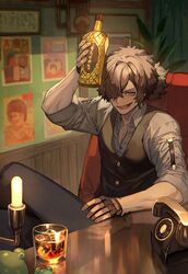  1boy alcohol antique_phone beard_stubble black_gloves black_hair black_pants black_vest bottle chair collared_shirt crossed_legs cup desk drinking_glass elbow_on_table elbow_rest facial_hair fate/grand_order fate_(series) fingerless_gloves glove_cutout gloves grey_shirt hair_over_one_eye highres holding holding_bottle ice ice_cube indoors lack lamp looking_at_viewer male_focus mature_male okada_izou_(fate) okada_izou_(i&#039;m_one_dapping_fella)_(fate) open_mouth pants partially_unbuttoned pectoral_cleavage pectorals phone plant ponytail poster_(object) rotary_phone shirt short_hair shot_glass sitting sleeves_rolled_up smile solo stubble vest whiskey wing_collar 