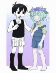  2boys ? absurdres basil_(headspace)_(omori) basil_(omori) black_eyes black_hair black_socks black_tank_top blue_overalls closed_mouth collarbone collared_shirt colored_skin green_eyes green_hair head_wreath highres holding holding_spoon kageimo kneehighs licking_lips looking_at_another multiple_boys nervous_sweating omori omori_(omori) open_mouth overalls shirt short_hair short_sleeves socks spoken_question_mark spoon sweat tank_top tongue tongue_out twitter_username white_skin yellow_shirt 