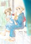  2girls bench blonde_hair blue_eyes blue_kimono blue_overalls blurry blurry_foreground blush brown_hair character_request copyright_request crossed_legs eating food hair_bun highres holding holding_plate japanese_clothes jojinta kimono looking_at_viewer multiple_girls obi overalls plate sandals sash scrunchie shirt short_sleeves sidelocks single_hair_bun sitting toeless_footwear toes v violet_eyes white_shirt wrist_scrunchie 