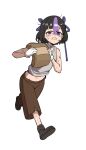  1girl ajidot alternate_costume black_hair brown_footwear brown_pants carrying choker crying crying_with_eyes_open dirty dirty_face gloves goddess_of_victory:_nikke grey_tank_top hair_ribbon highres multicolored_hair navel pants purple_hair purple_ribbon ribbon running simple_background solo syuen_(nikke) tank_top tears two-tone_hair violet_eyes white_background white_gloves 