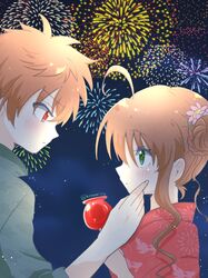  1boy 1girl aerial_fireworks ahoge alternate_costume blush braid braided_bun bright_pupils brown_hair candy candy_apple closed_mouth commentary couple eye_contact eyes_visible_through_hair fireworks fireworks_print flower food from_side green_eyes hair_between_eyes hair_bun hair_flower hair_ornament hand_on_another&#039;s_cheek hand_on_another&#039;s_face hand_up hetero highres holding holding_candy holding_food japanese_clothes kanbe_kotori kimono konomi_(konomi00e) looking_at_another night night_sky orange_hair outdoors parted_lips pink_flower print_kimono profile red_eyes red_kimono rewrite short_hair short_hair_with_long_locks sidelocks single_side_bun sky spiky_hair tennouji_kotarou twitter_username upper_body upturned_eyes 