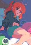  1girl blush earphones earphones highres hood hoodie indoors light long_hair looking_at_viewer on_bed open_mouth orange_eyes orange_hair original ponytail shade short_shorts shorts sitting solo takarai_shunsuke 