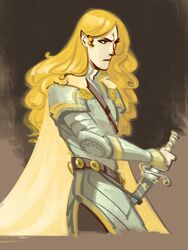  1boy abstract_background arm_armor armor belt black_eyes blonde_hair bracer brown_background cape cowboy_shot elf glorfindel grey_tunic holding holding_sword holding_weapon long_hair male_focus pauldrons phobso pointy_ears serious shoulder_armor solo sword the_lord_of_the_rings the_silmarillion tolkien&#039;s_legendarium tunic v-shaped_eyebrows wavy_hair weapon yellow_cape 