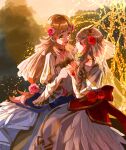  2girls absurdres alternate_costume blonde_hair braid bridal_veil collar commission crown_braid dress feathers fire_emblem fire_emblem_heroes flower fountain fusenryo green_eyes grey_hair highres holding_hands looking_at_another multiple_girls nintendo official_alternate_costume official_alternate_hairstyle outdoors red_eyes ribbon sharena_(fire_emblem) short_hair sidelocks skeb_commission smile tiara veil veronica_(fire_emblem) wedding_dress yuri 