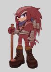  1boy absurdres bandaged_wrist bandages bead_necklace beads boots brown_footwear furry furry_male gincalico grey_background grey_eyebrows highres holding holding_staff jewelry looking_at_viewer necklace original purple_bandana red_fur simple_background solo sonic_(series) staff violet_eyes 