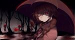  4girls artist_name blood braid brown_hair closed_mouth commentary english_commentary hair_flaps highres holding holding_umbrella horror_(theme) likesac long_hair looking_to_the_side madotsuki multiple_girls no_pupils noose one_eye_closed outdoors partially_shaded_face rain red_eyes red_sweater red_umbrella solo_focus standing sweater tree turtleneck turtleneck_sweater twin_braids umbrella upper_body yume_nikki 