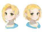  1girl blonde_hair blue_shirt braid commentary crown_braid green_eyes hair_ornament hairclip highres looking_at_viewer multiple_views official_alternate_hairstyle parted_lips pointy_ears princess_zelda prototype_design shirt sidelocks simple_background the_legend_of_zelda upper_body white_background yumiyumo3o 