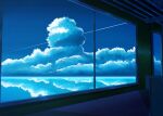  absurdres aobara1101 blue_sky clouds contrail cumulonimbus_cloud highres indoors no_humans original reflection reflective_water scenery sky train_interior window 